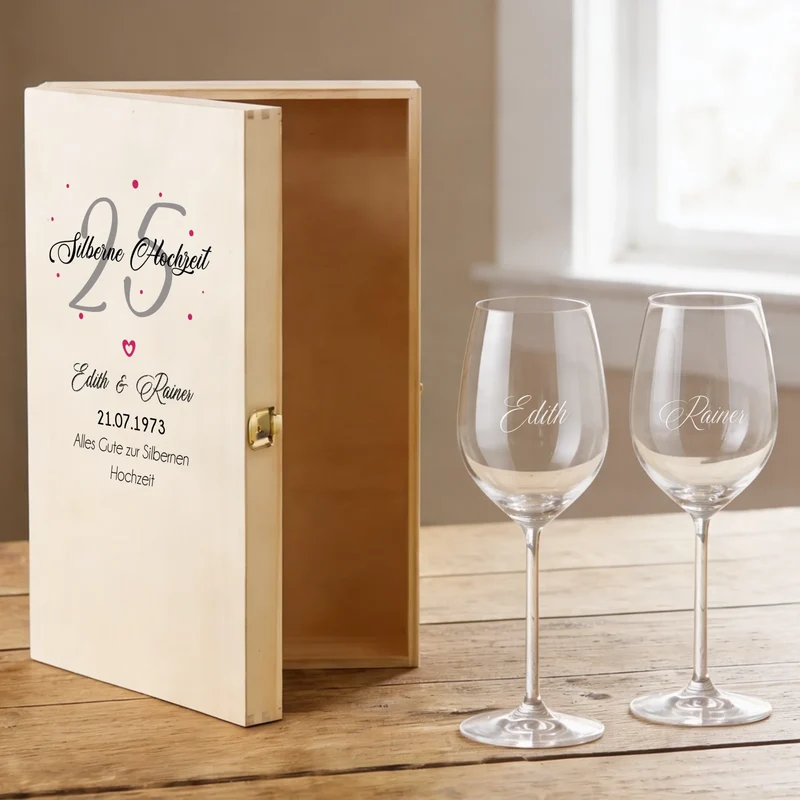 Weingeschenk Silberhochzeit mit bedruckter Holzkiste und gravierten Gläsern