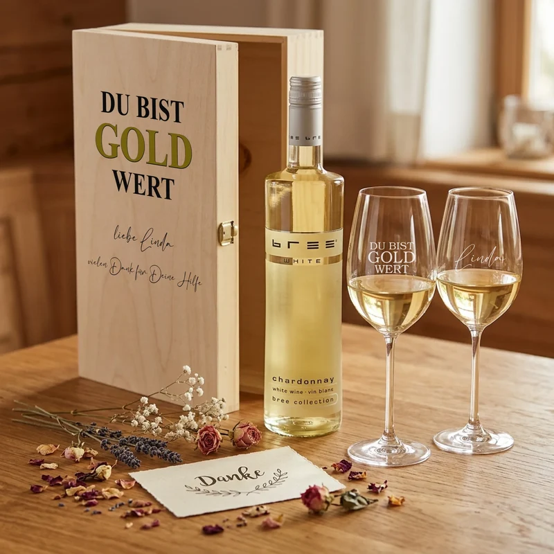 Bree-Weinset "DU BIST GOLD WERT" mit bedruckter Holzkiste und gravierten Gläsern
