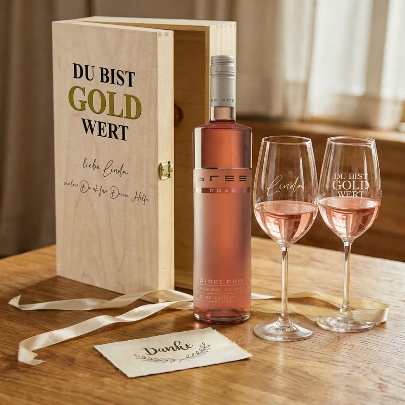 Bree-Weinset "DU BIST GOLD WERT" mit bedruckter Holzkiste und gravierten Gläsern