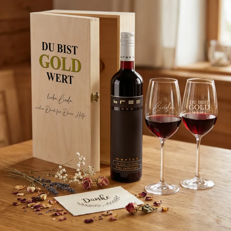 Bree-Weinset "DU BIST GOLD WERT" mit bedruckter Holzkiste und gravierten Gläsern