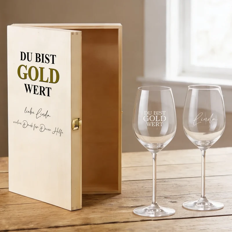 Bree-Weinset "DU BIST GOLD WERT" mit bedruckter Holzkiste und gravierten Gläsern