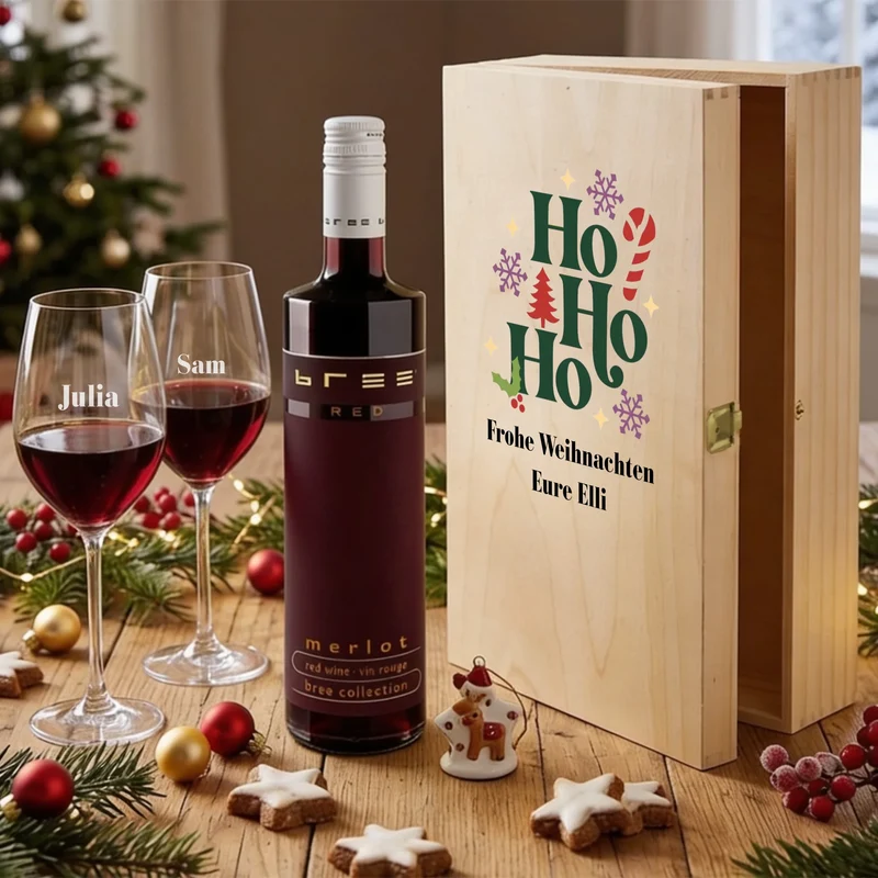 Bree-Weinset als Weihnachtsgeschenk mit Holzkiste und Gläsern personalisiert
