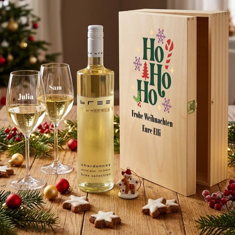 Bree-Weinset als Weihnachtsgeschenk mit Holzkiste und Gläsern personalisiert