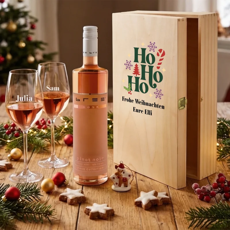 Bree-Weinset als Weihnachtsgeschenk mit Holzkiste und Gläsern personalisiert
