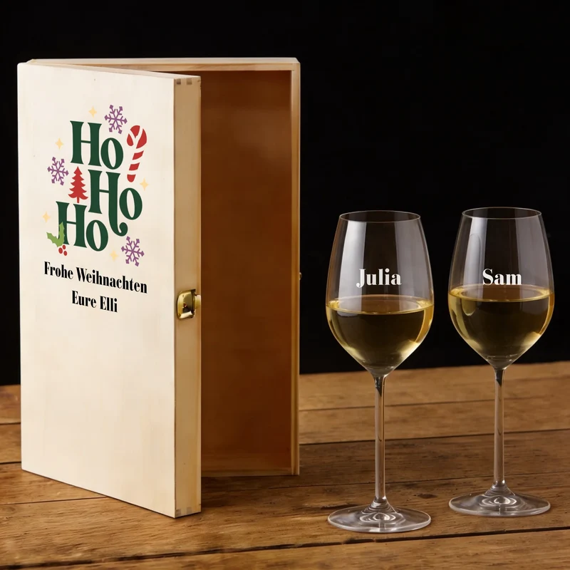 Bree-Weinset als Weihnachtsgeschenk mit Holzkiste und Gläsern personalisiert