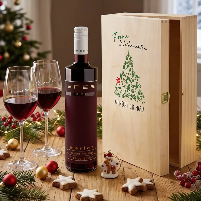 Weihnachtsgeschenk Bree-Weinset mit Gläsern und Holzbox graviert und bedruckt