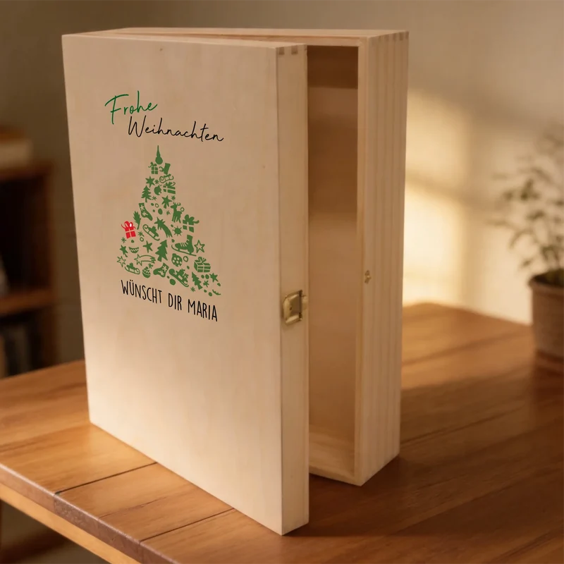 Weihnachtsgeschenk Bree-Weinset mit Gläsern und Holzbox graviert und bedruckt