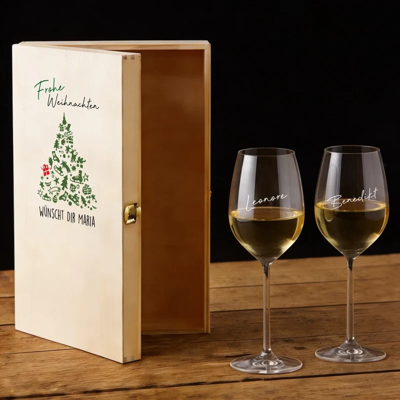 Weihnachtsgeschenk Bree-Weinset mit Gläsern und Holzbox graviert und bedruckt