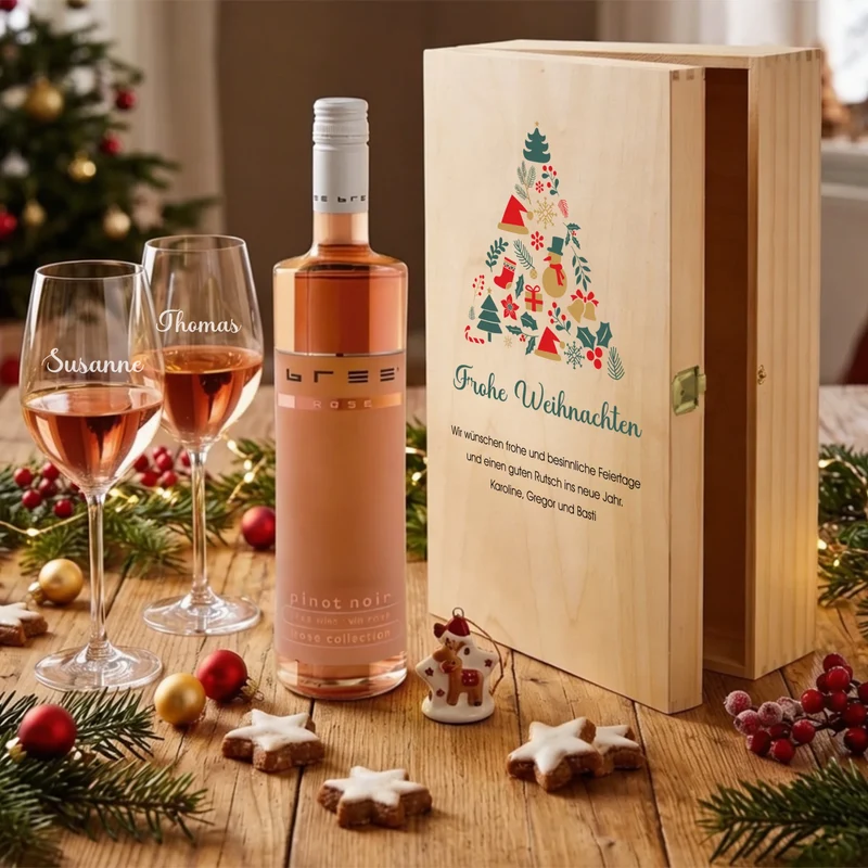 Personalisiertes Weihnachtsgeschenk Bree-Weinset mit Gläsern und Holzbox