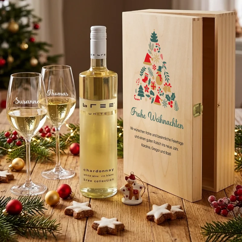 Personalisiertes Weihnachtsgeschenk Bree-Weinset mit Gläsern und Holzbox