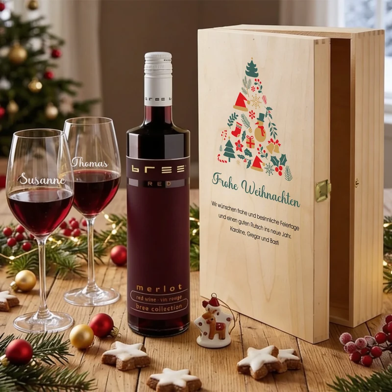 Personalisiertes Weihnachtsgeschenk Bree-Weinset mit Gläsern und Holzbox
