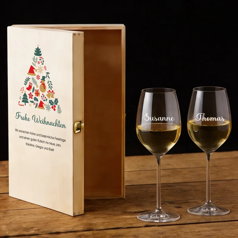 Personalisiertes Weihnachtsgeschenk Bree-Weinset mit Gläsern und Holzbox