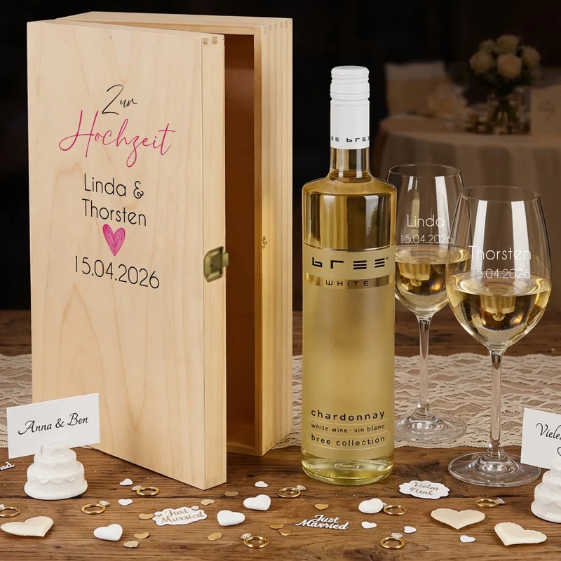 Weingeschenk zur Hochzeit mit bedruckter Holzkiste und gravierten Gläsern