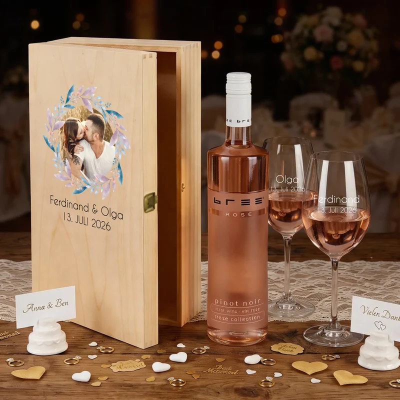 Individuelles Bree-Weinset mit gravierten Gläsern und bedruckter Holzbox zur Hochzeit