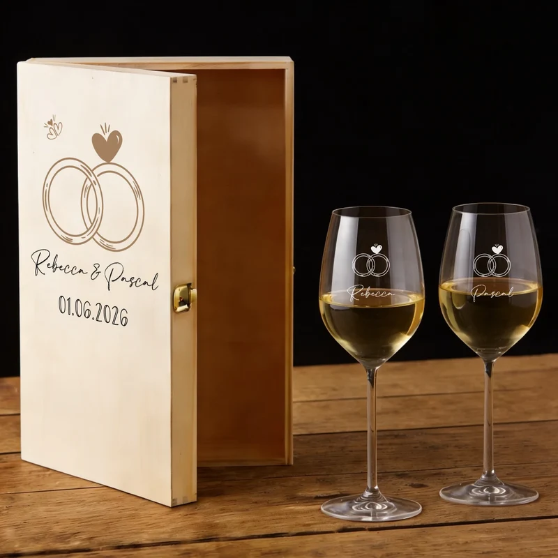 Wunderschönes Hochzeits-Bree-Weinset mit gravierten Gläsern und bedruckter Holzbox