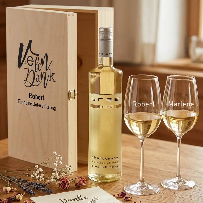Bree-Weinset mit bedruckter Holzkiste und gravierten Gläsern