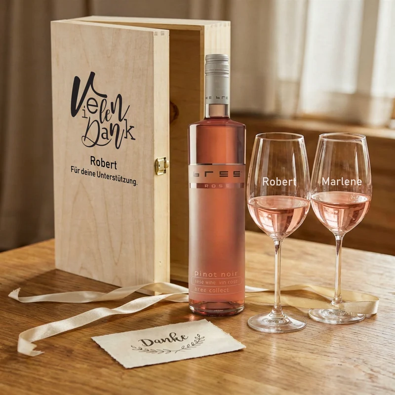 Bree-Weinset mit bedruckter Holzkiste und gravierten Gläsern