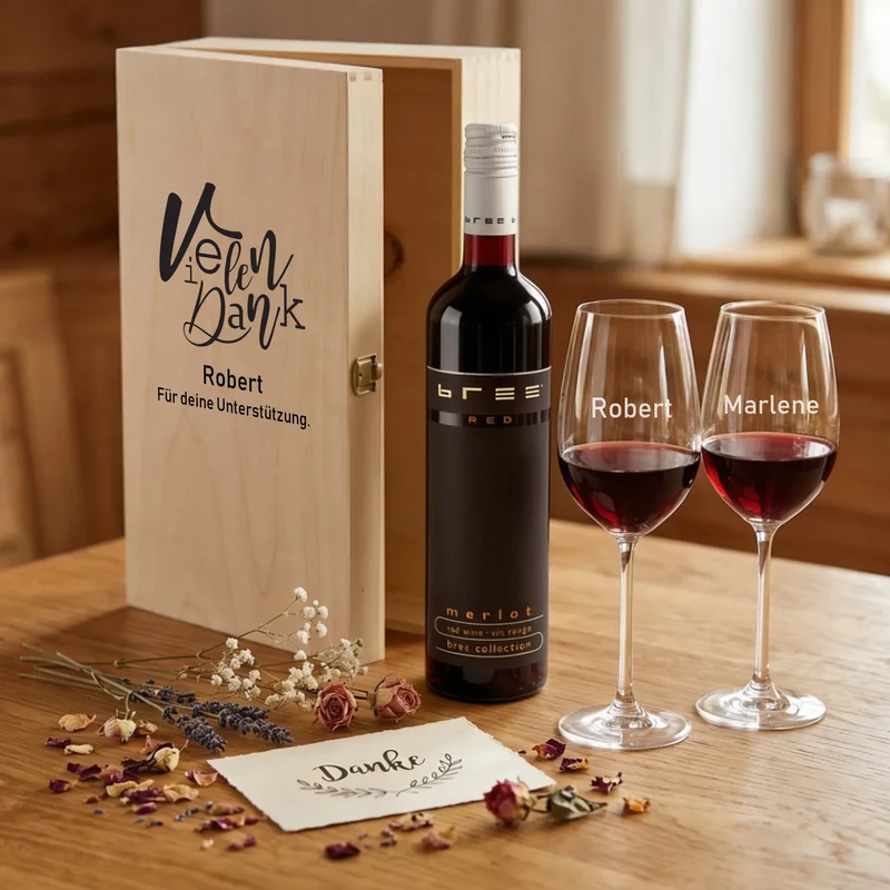 Bree-Weinset mit bedruckter Holzkiste und gravierten Gläsern