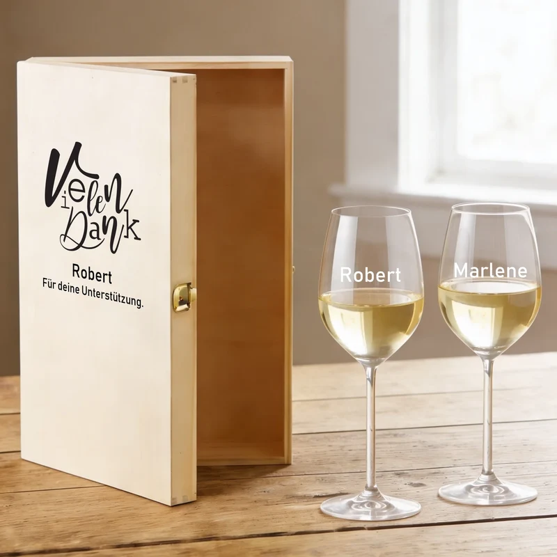 Bree-Weinset mit bedruckter Holzkiste und gravierten Gläsern