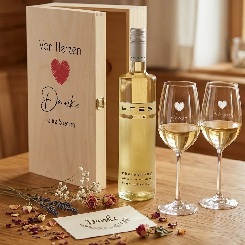 Weinset mit gravierten Gläsern und bedruckter Holzbox als Dankeschön