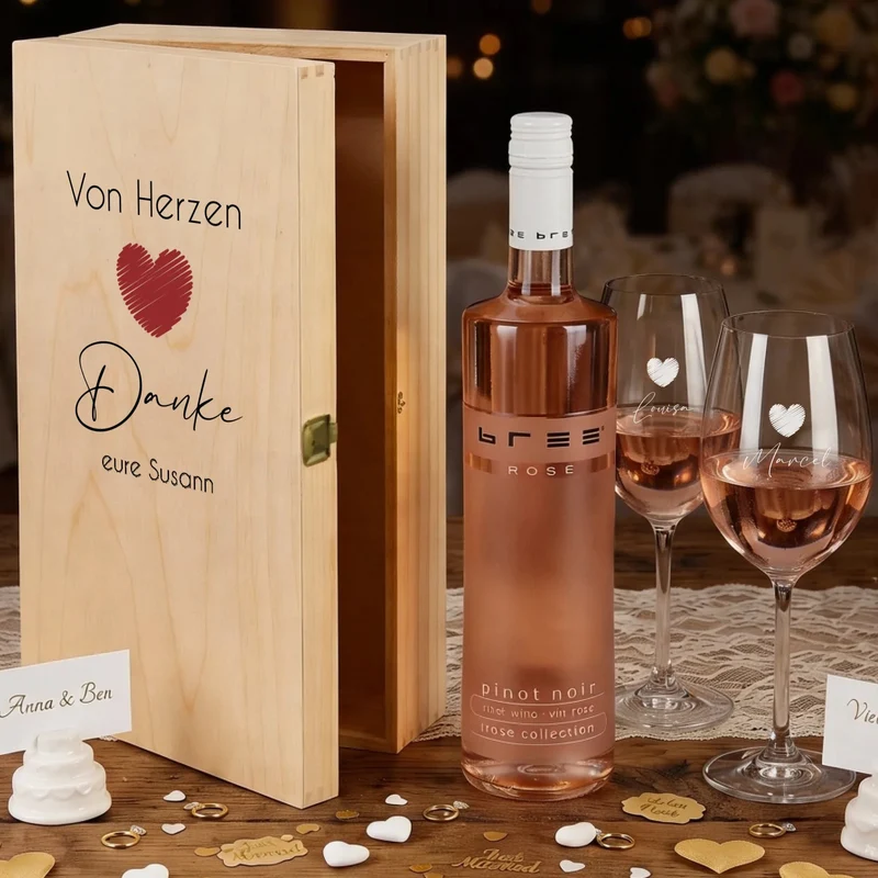 Weinset mit gravierten Gläsern und bedruckter Holzbox als Dankeschön