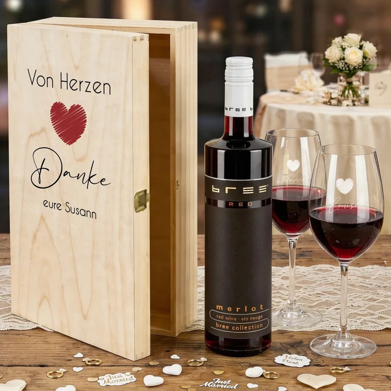 Weinset mit gravierten Gläsern und bedruckter Holzbox als Dankeschön