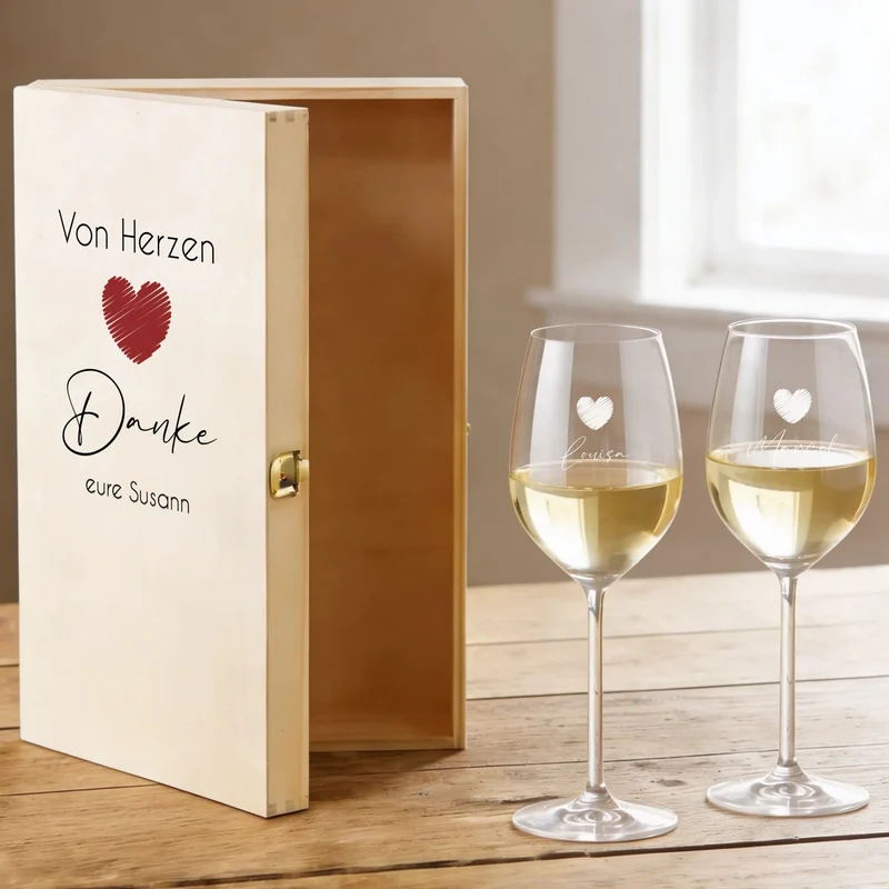 Weinset mit gravierten Gläsern und bedruckter Holzbox als Dankeschön