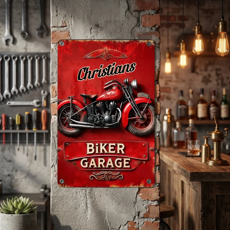 Individuelles Retro Blechschild Motorrad mit Name | Metallschild Biker Garage