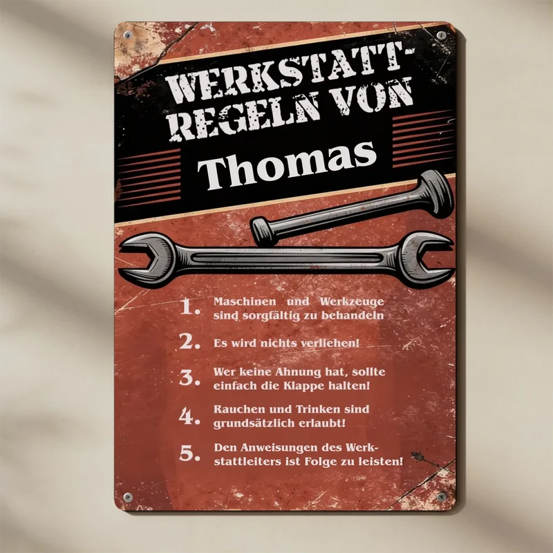 Personalisiertes Blechschild | Metallschild Werkstatt Regeln mit Name bedruckt