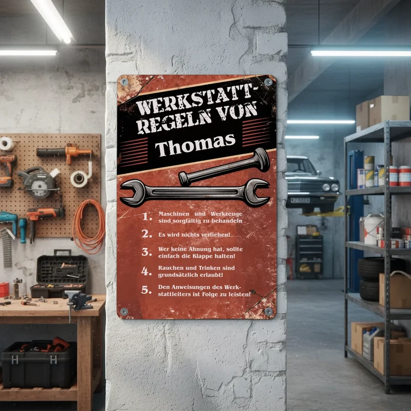Personalisiertes Blechschild | Metallschild Werkstatt Regeln mit Name bedruckt