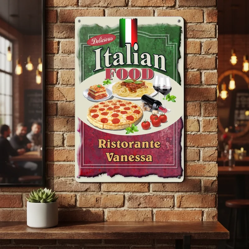 Blechschild Italian Food personalisiert mit Name | Retro Metallschild Küche Deko | Geschenk Foodie