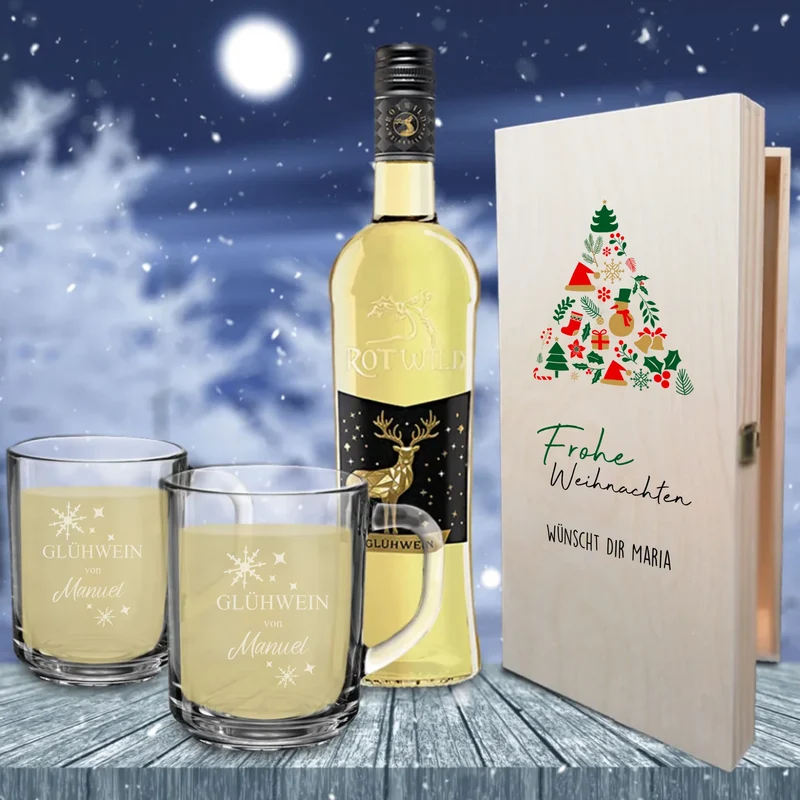 Rotwild Glühwein Geschenkset mit gravierten Tassen und bedruckter Kiste