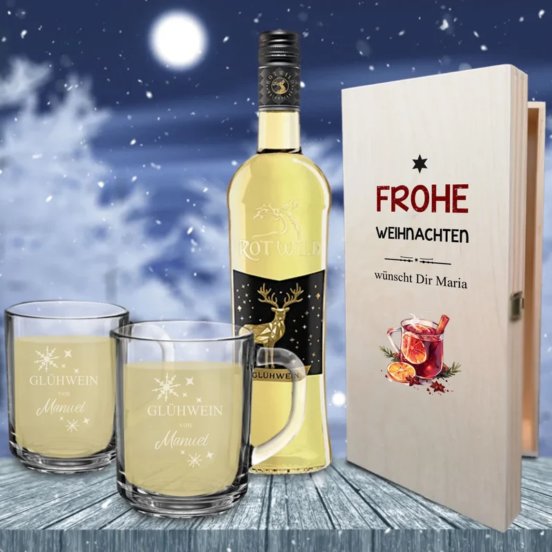 Wunderschönes Rotwild Glühwein Geschenkset mit gravierten Tassen und bedruckter Box