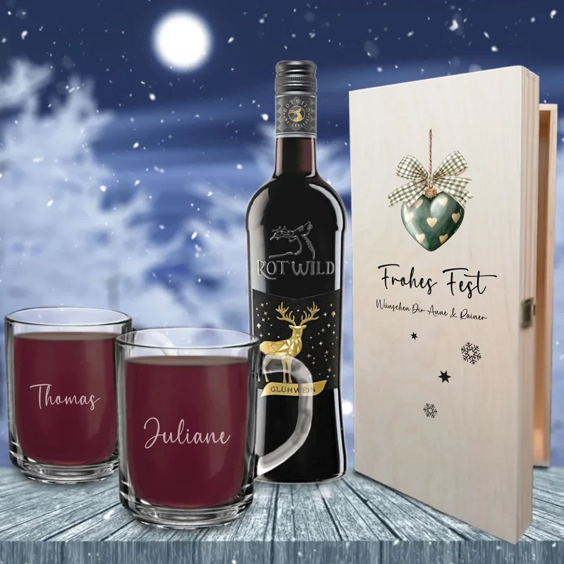 Glühwein Geschenkset mit bedruckter Kiste und gravierten Gläsern Rotwild