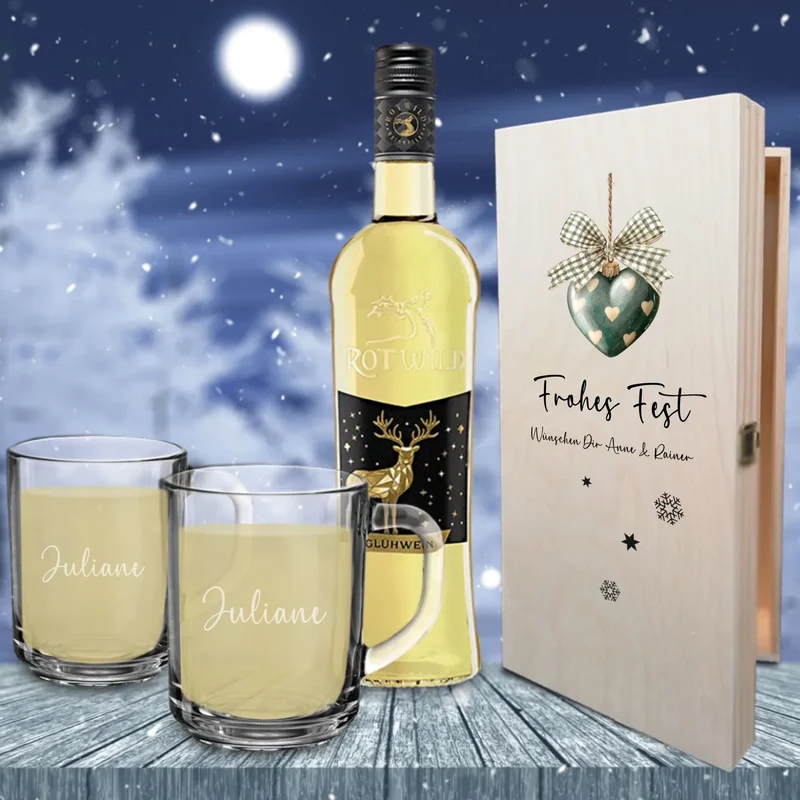 Individuelles Glühwein Geschenkset mit bedruckter Kiste und gravierten Gläsern