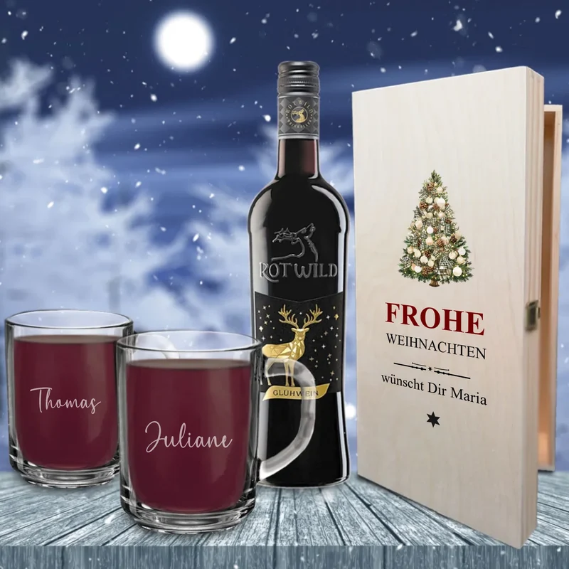 Edles Glühwein Geschenkset mit gravierten Tassen und bedruckter Kiste