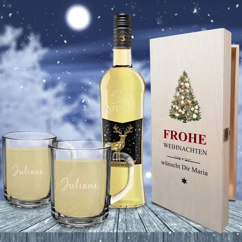 Edles Glühwein Geschenkset mit gravierten Tassen und bedruckter Kiste