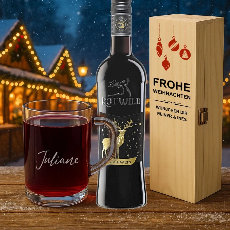 Persönliches Glühwein Geschenkset Glas und Kiste mit individueller Gravur