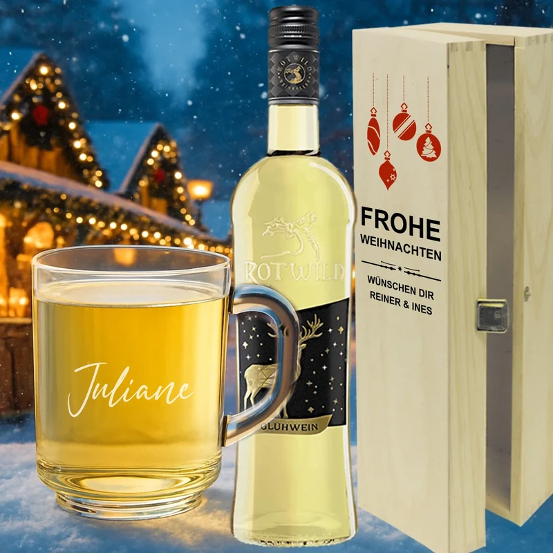 Persönliches Glühwein Geschenkset Glas und Kiste mit individueller Gravur