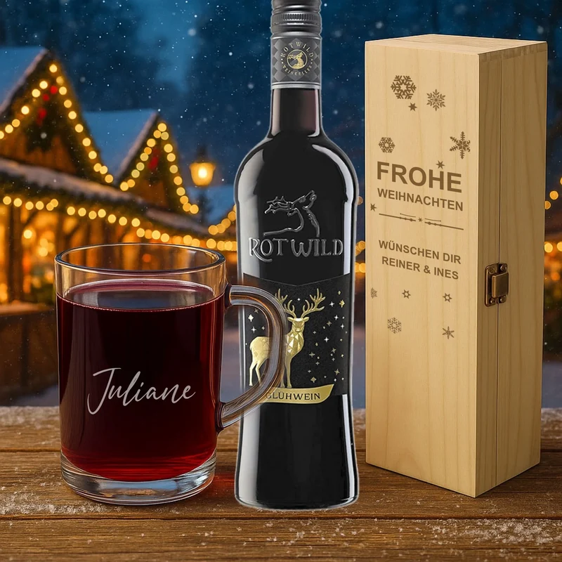 Edles Glühwein Geschenkset Glas und Kiste mit individueller Gravur
