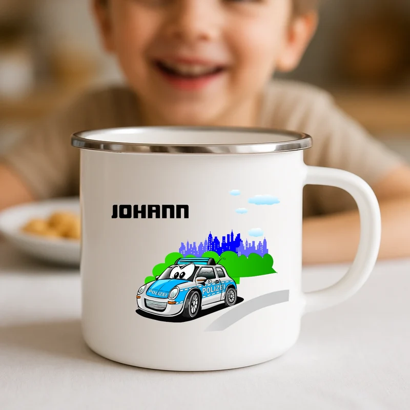 Emaille Tasse mit Polizeiauto und deinem Namen bedruckt