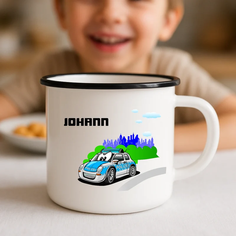 Emaille Tasse mit Polizeiauto und deinem Namen bedruckt