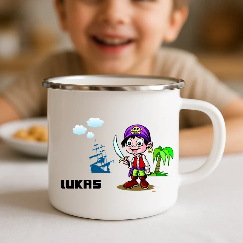 Emaille Tasse für Kinder mit Pirat und Name bedruckt