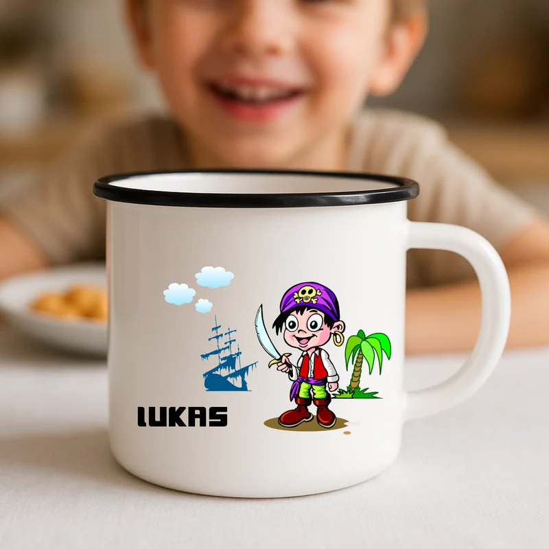 Emaille Tasse für Kinder mit Pirat und Name bedruckt