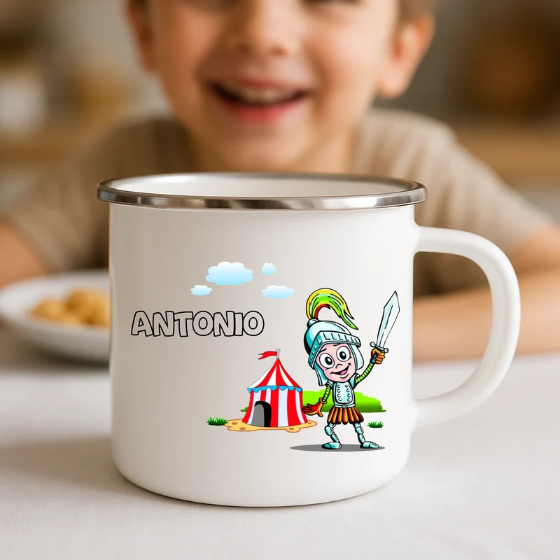 Bedruckte Emaille Tasse mit Ritter und deinem Namen