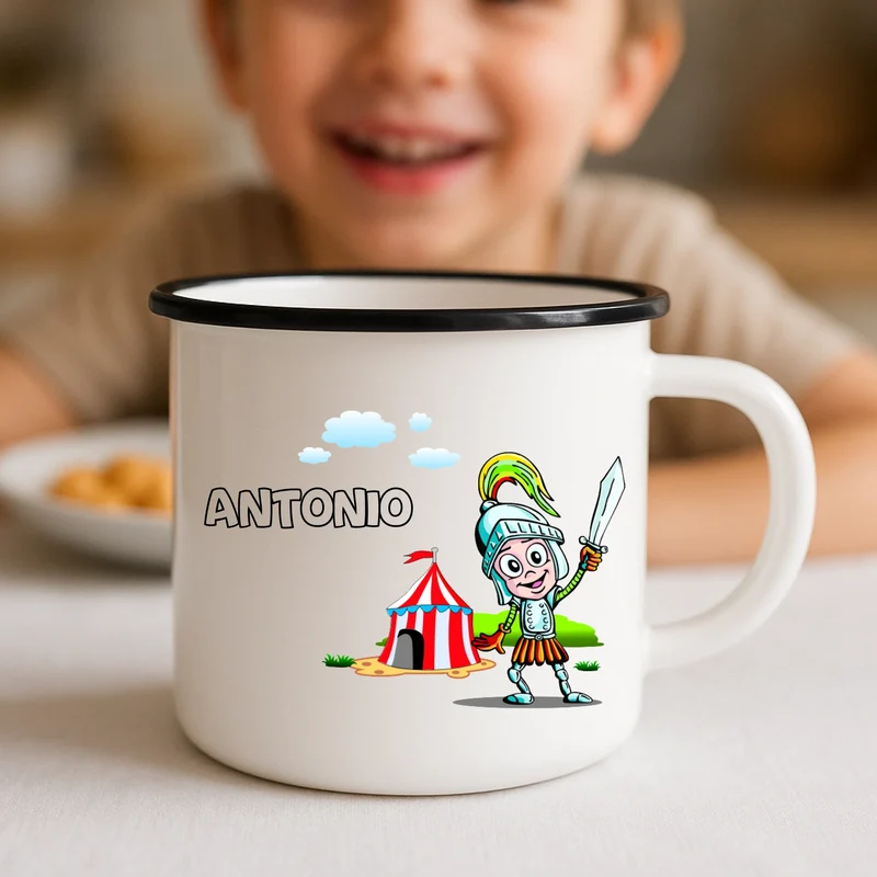 Bedruckte Emaille Tasse mit Ritter und deinem Namen