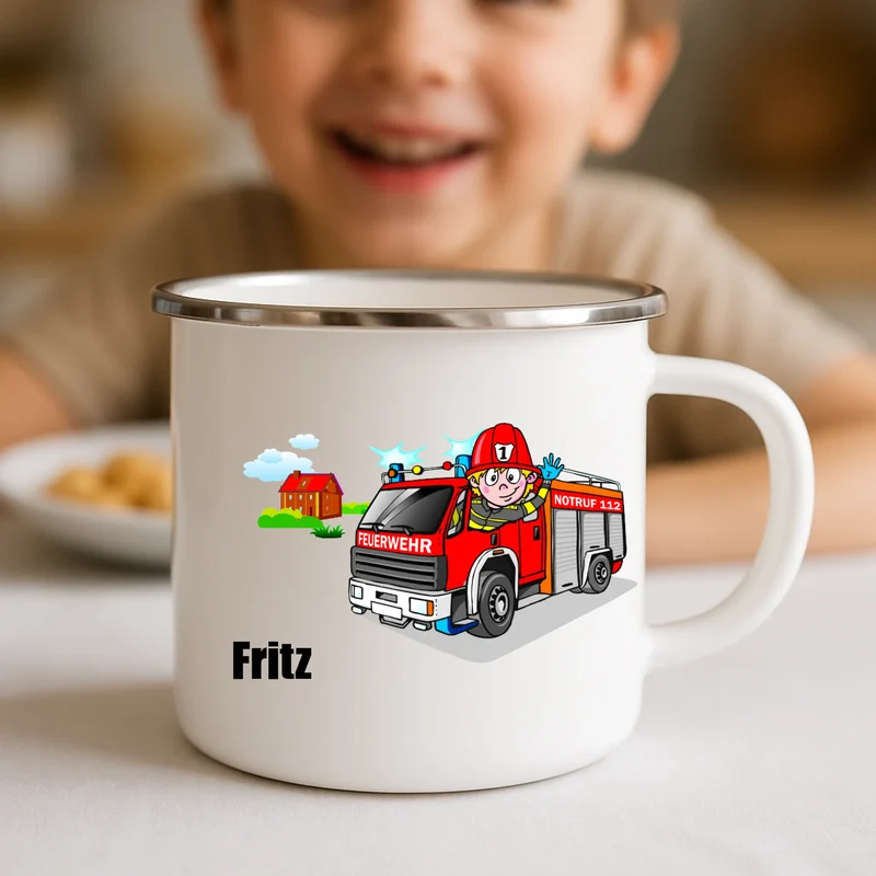 Bedruckte Emaille Tasse mit einer Feuerwehr und deinem Namen