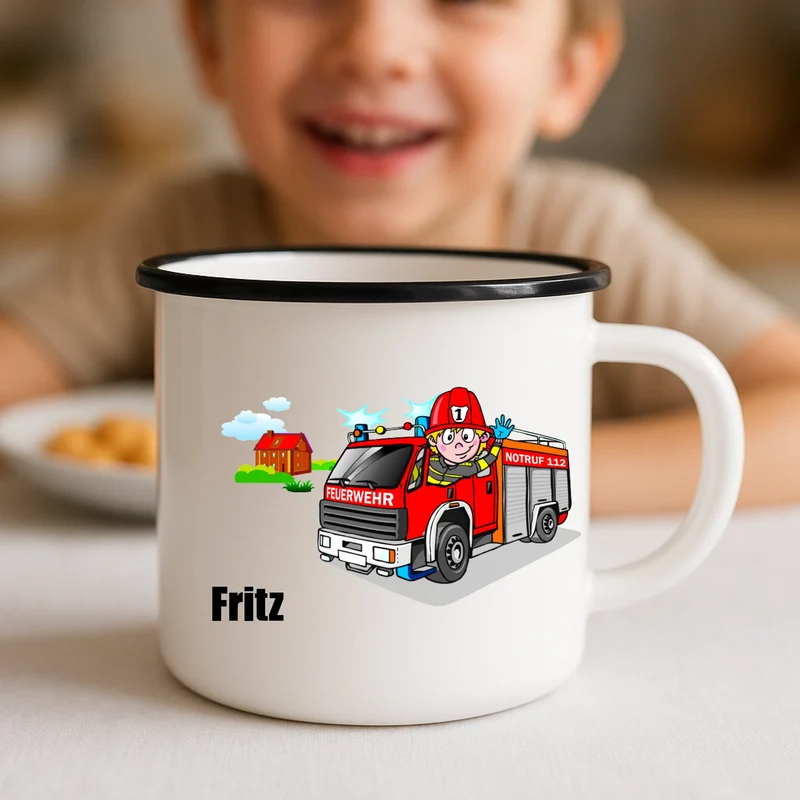 Bedruckte Emaille Tasse mit einer Feuerwehr und deinem Namen