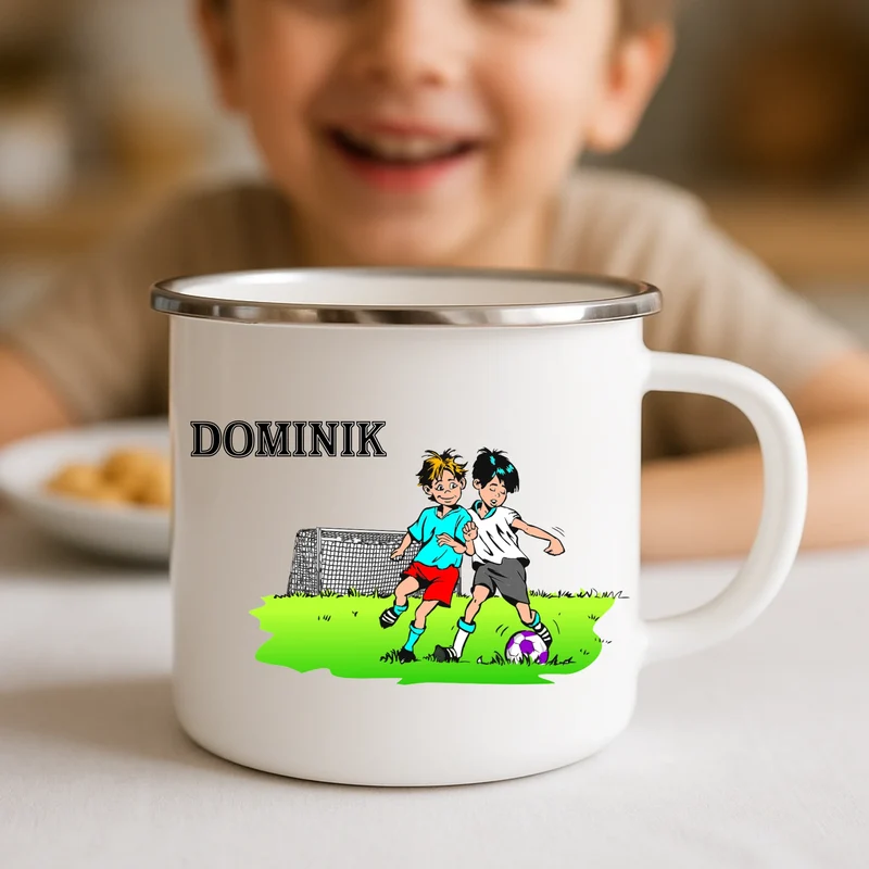 Emaille Tasse individuell bedruckt mit Fußballer und deinem Namen