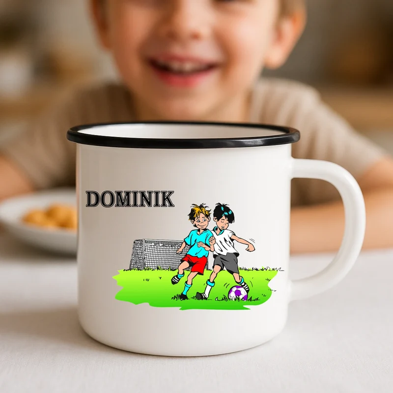 Emaille Tasse individuell bedruckt mit Fußballer und deinem Namen